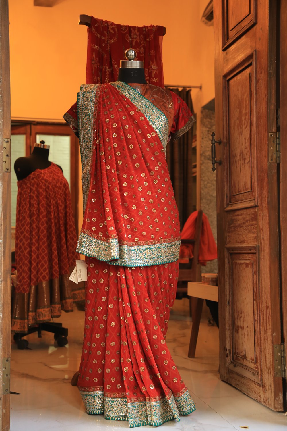 Crimson & Gold Bandhej Saree