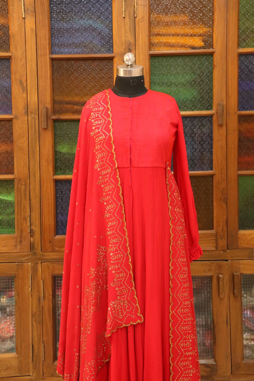 Scarlet Draped Anarkali Gown