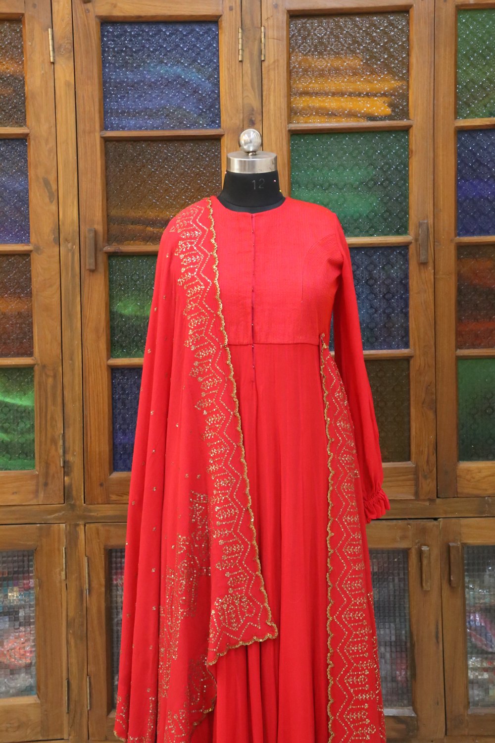 Scarlet Draped Anarkali Gown